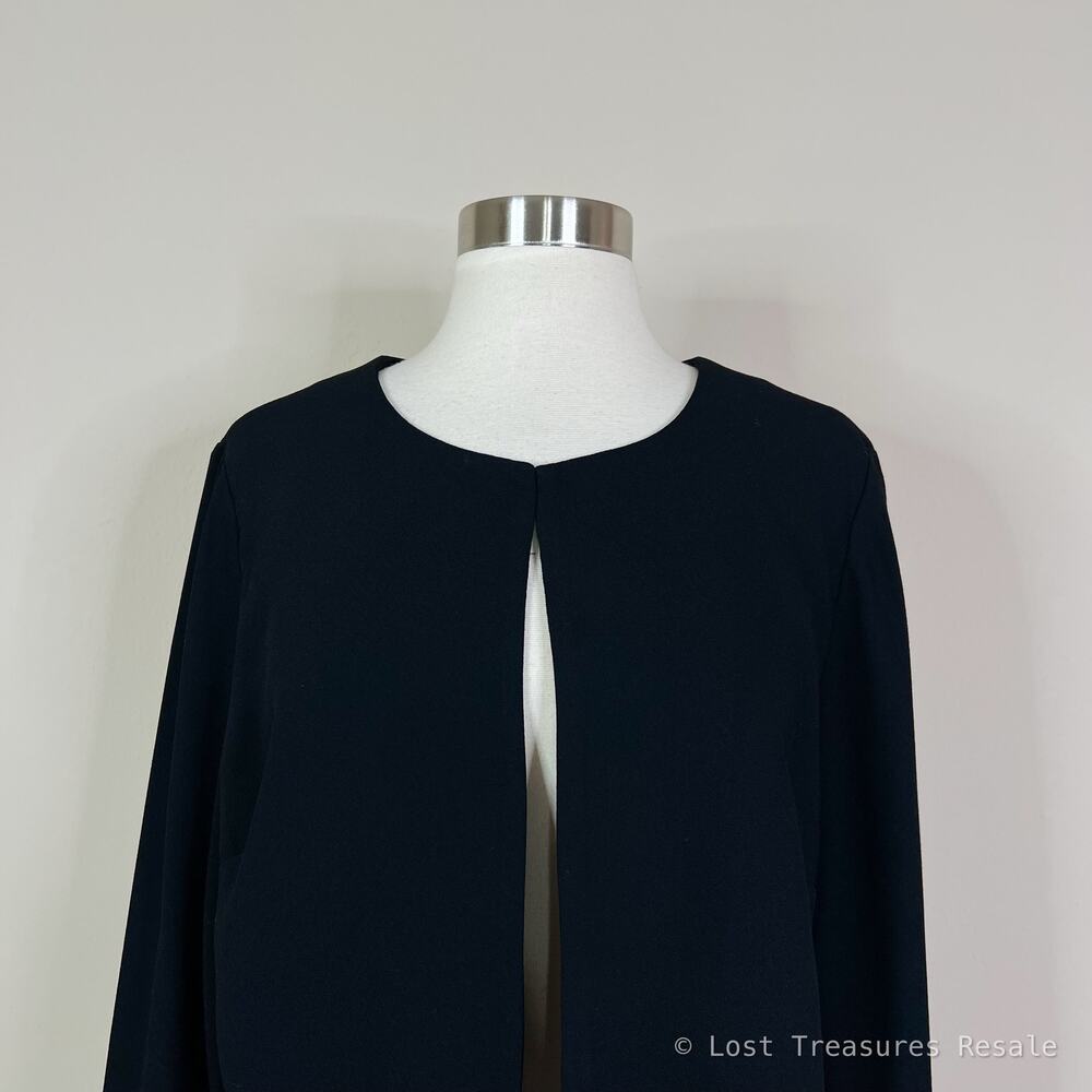 White House Black Market | Black Feather Hem Open Front Cropped Jacket Blazer L - Picture 3 of 8